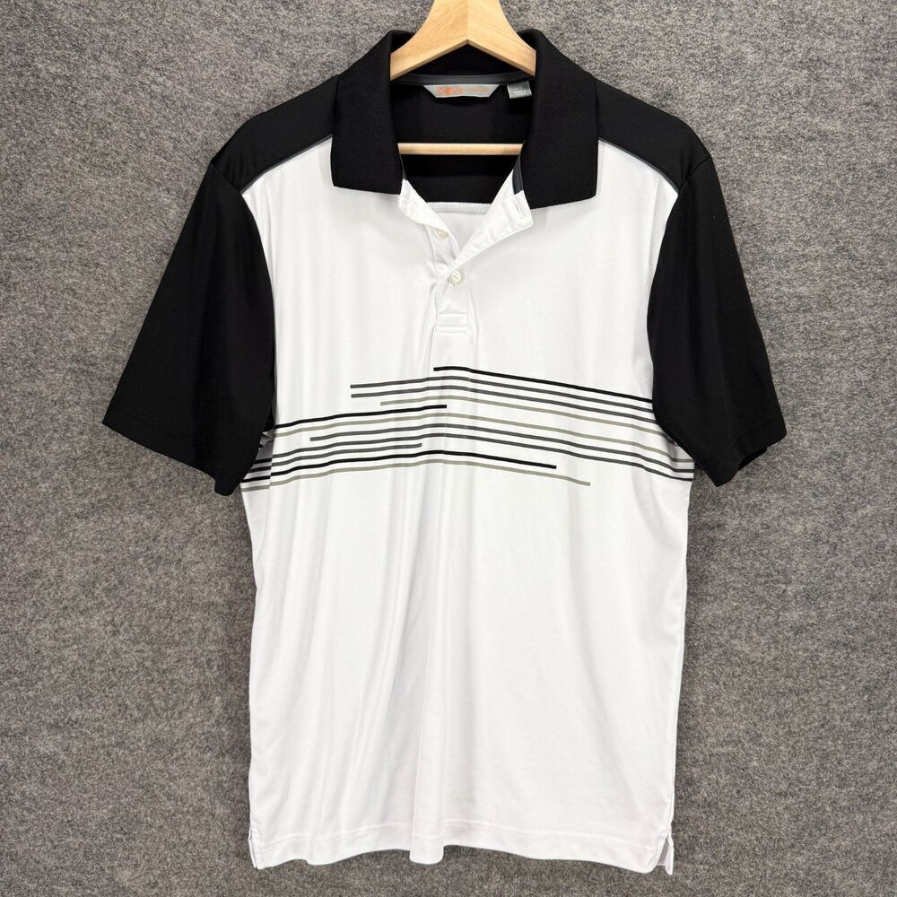 CBUK Polo Shirt Men L Large White Striped Button Up Collared Short Sleeve